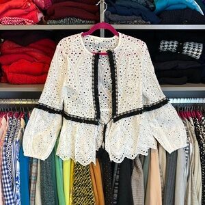 Nylon Apparel white eyelet/black fringe long sleeve open front kimono size S NWT